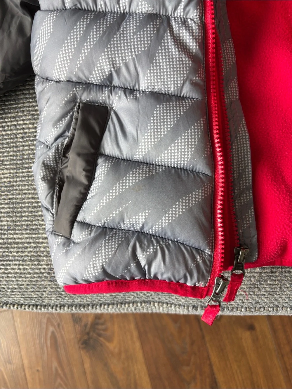 Snozu Toddler Gray + Red Double-Zip Puffer Jacket w/ Full Fleece Lining | Sz 2T